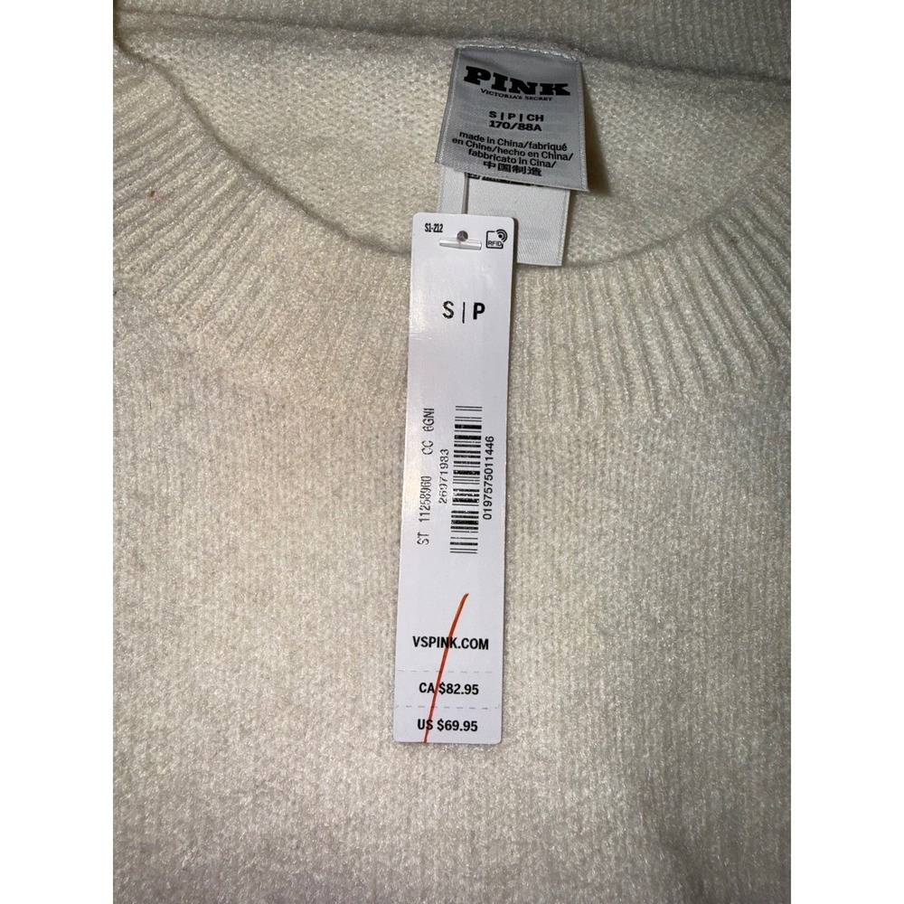 Victoria's Secret PINK Dog Graphic Crewneck Sweater Cream Ivory Heart Small NEW - Picture 7 of 7